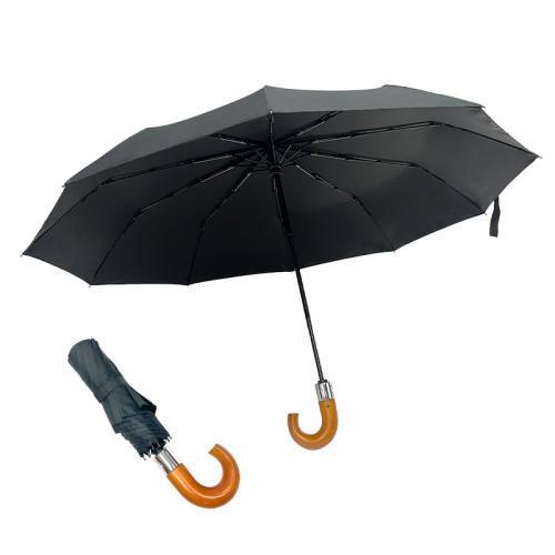 Custom Fully Automatic 3 Folding 10 Ribs Large Reinforced Men Business Umbrella With Hook Wooden Handle